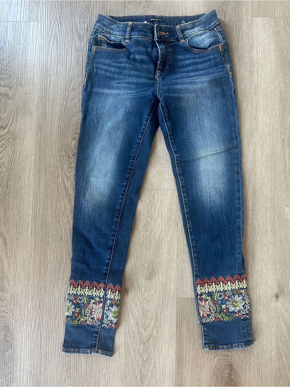 Miss Me Dark Blue Skinny Jeans with Colorful Embroidered Ankles